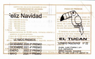 Reverso del décimo 42284 con el sello de la Administración nº 22 «El Tucán», en Getafe